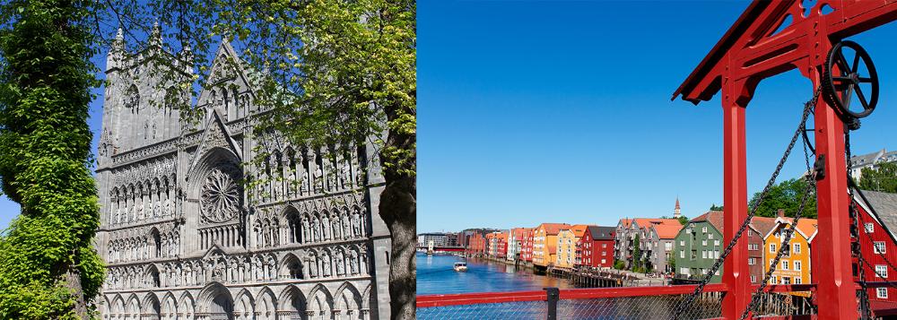 Images from Trondheim: Nidaros Cathedral and the old wharves by Nidelven river.