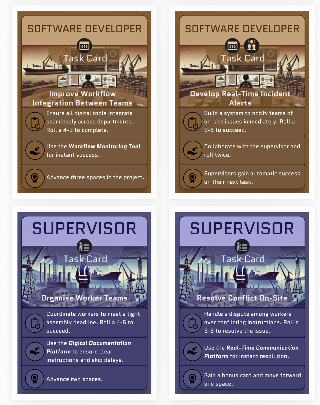 Examples of cards such as Software developer and Supervisor