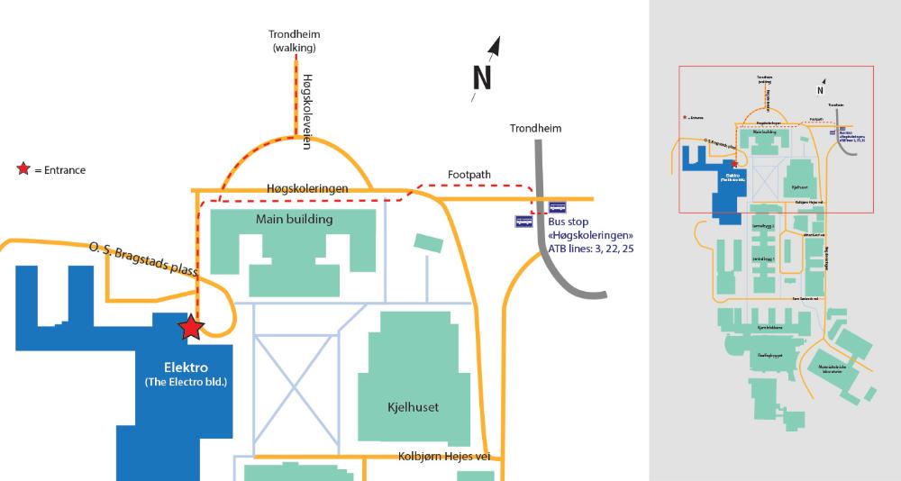 campus map showing the electro building right side behind the main building.