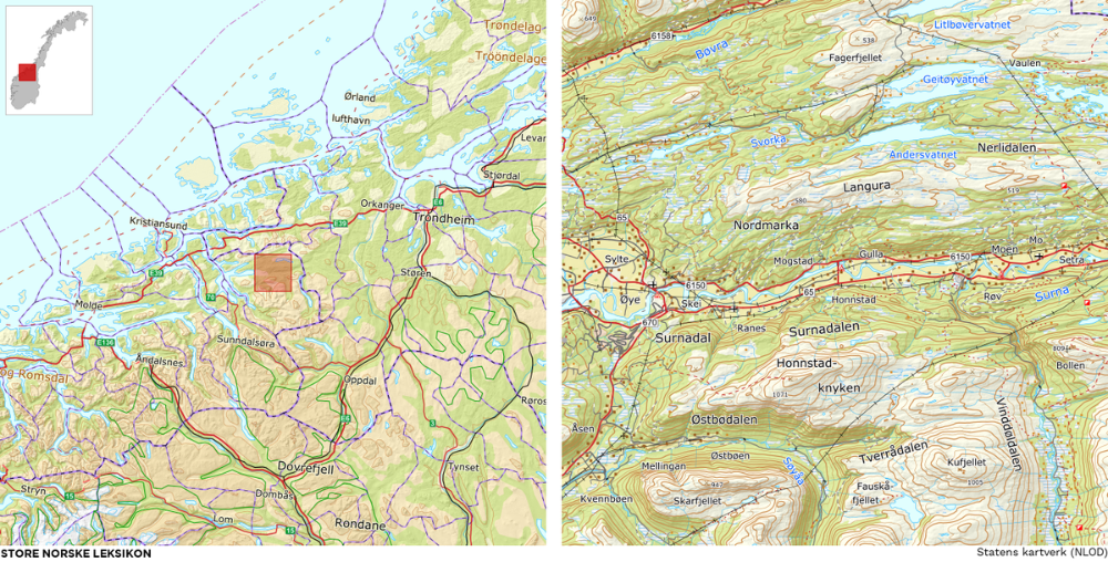 Map showing Aurna river's location in Norway