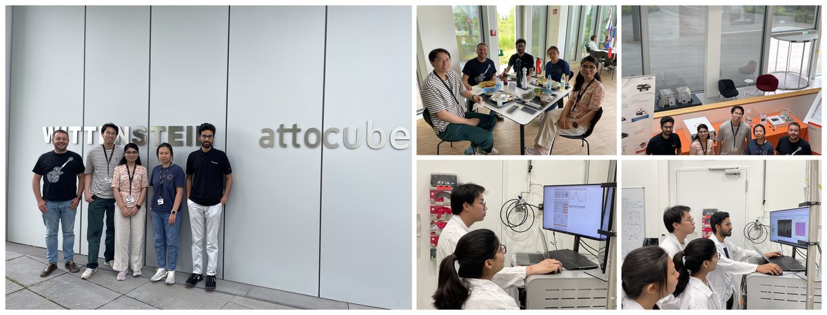 Photo collage from the AFM training at attocube: the group outside the attocube building, a shared lunch, and candidates at the microscope in the application laboratory.