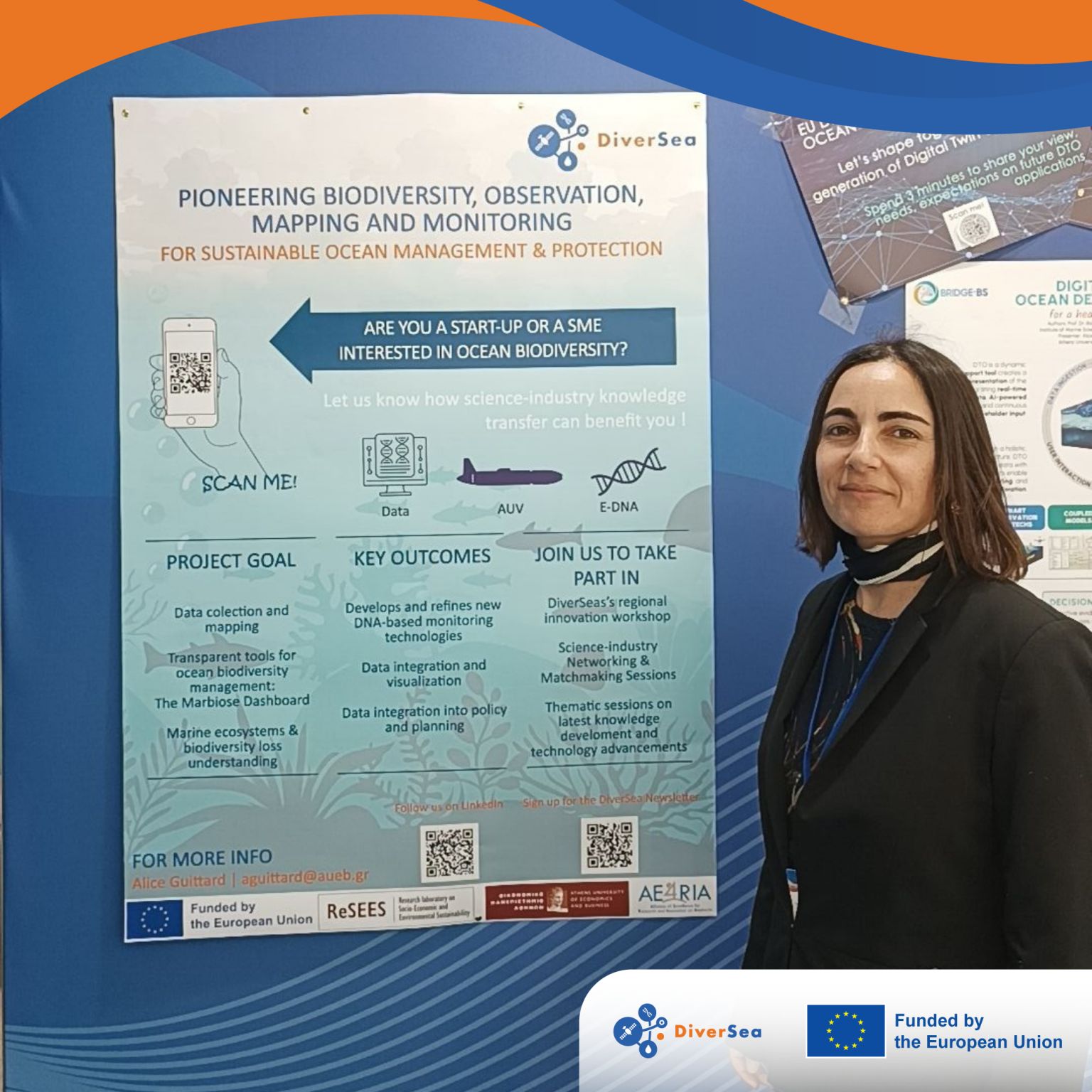 A DiverSea researcher poses in front of a poster about DiverSea stakeholder engagement initiatives