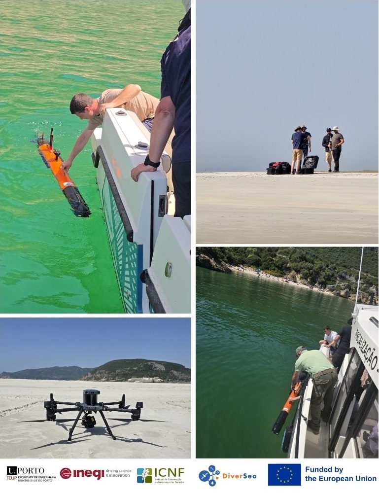 Photo collage, clockwise from top left: a robotic sensor is deployed off a boat in turquoise water; a group of researchers is seen at a distance preparing equipment on a sandy beach under grey skies; three researchers prepare to deploy a robot off a boat; a drone rests on the sand. Logos are U. Porto, INEGI, ICNF, DiverSea, and EU.