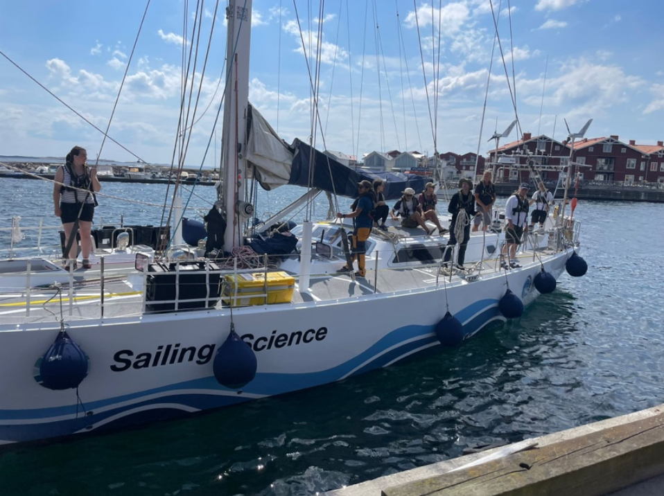 Hrimfare in the water in the harbor of Smögen, with crew onboard, preparing for public events and setting sail