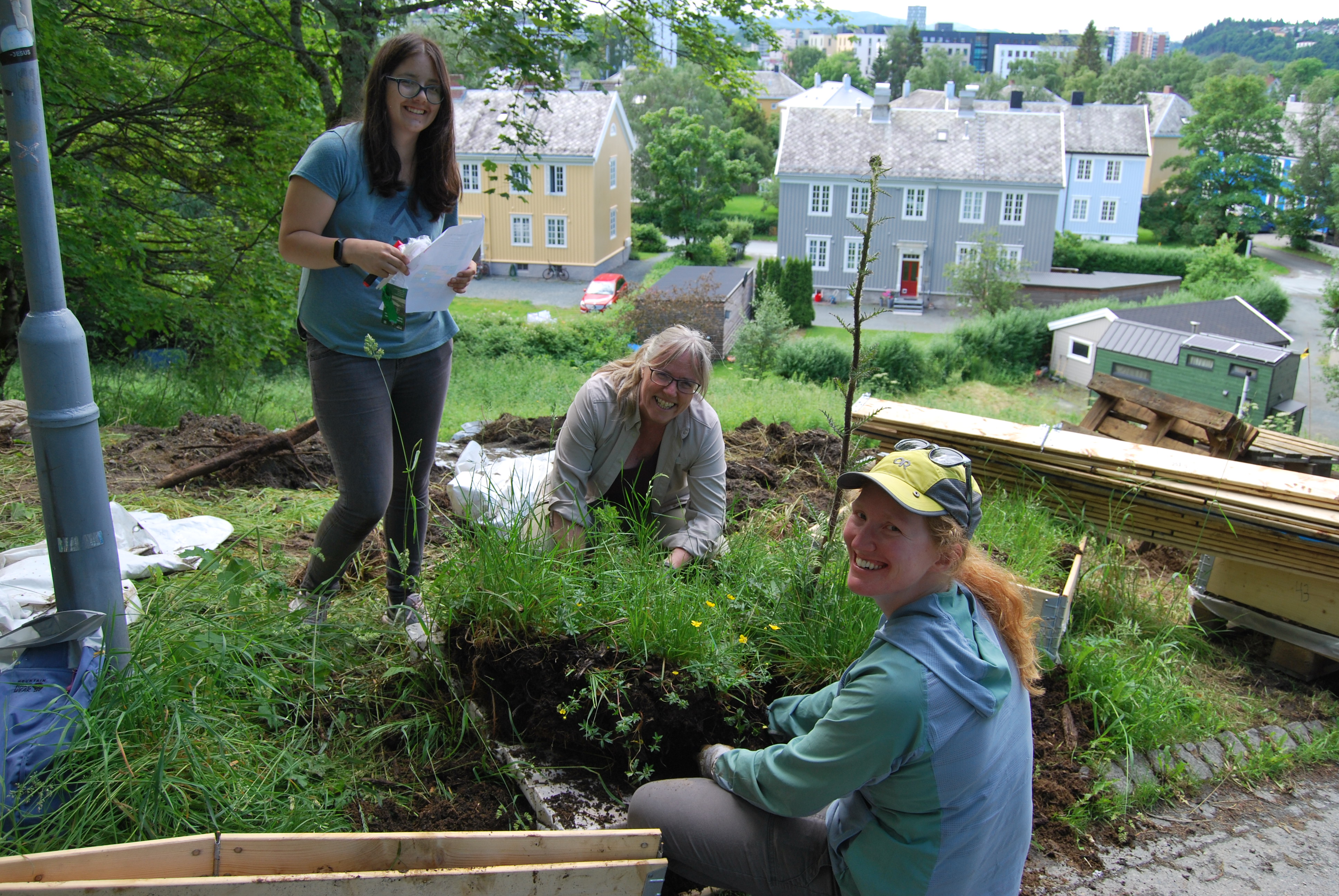 Academics working with soil in the campus park
