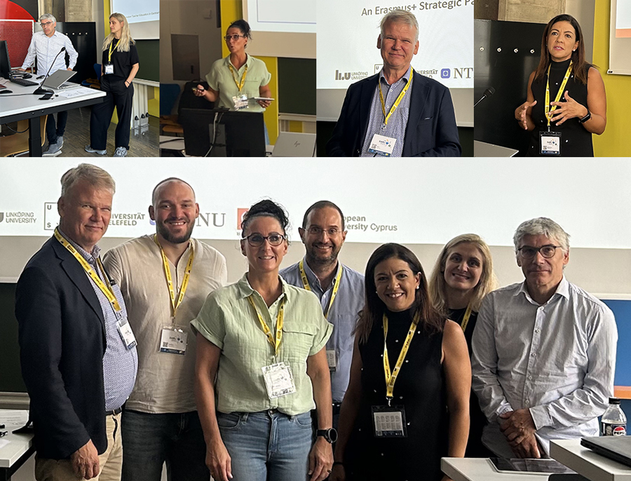 Collage of four photos from a conference. Top: Four individuals participate in various presentations – some are standing by technical equipment, others are giving talks in front of screens displaying text and the Erasmus+ logo. Bottom: Group photo of seven smiling participants in front of a screen showing university logos from Linköping University, NTNU, Universität Bielefeld, and European University Cyprus. Photo.
