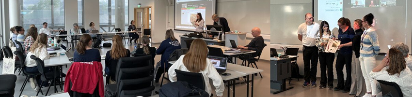 Teaching situation in a modern classroom where several people are seated at tables with laptops while a presentation is delivered in front of a whiteboard and projector. In a side image, a small group of people stands together presenting to the rest of the participants. Photo