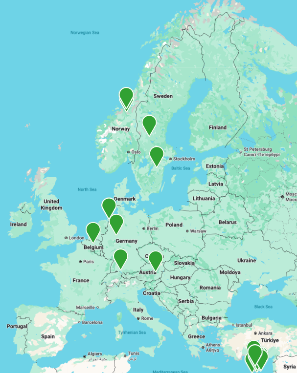 Map of Europe with green markers placed in Norway, Sweden, Belgium, Germany, Austria, and Turkey. PNG