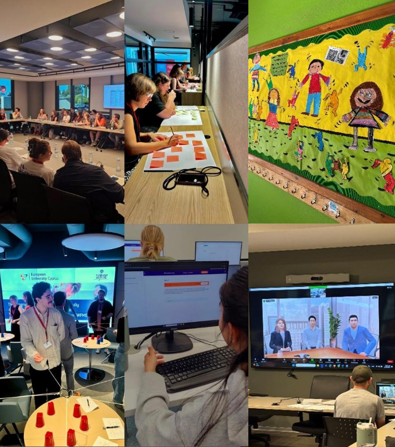 Image collage showing various activities in an educational and conference setting: a large meeting around an oval table, a group working with post its on a table, a colorful wall decoration with childlike figures, a person presenting in front of a screen, a person working at a computer, and a screen displaying three people in a video conference. Photo