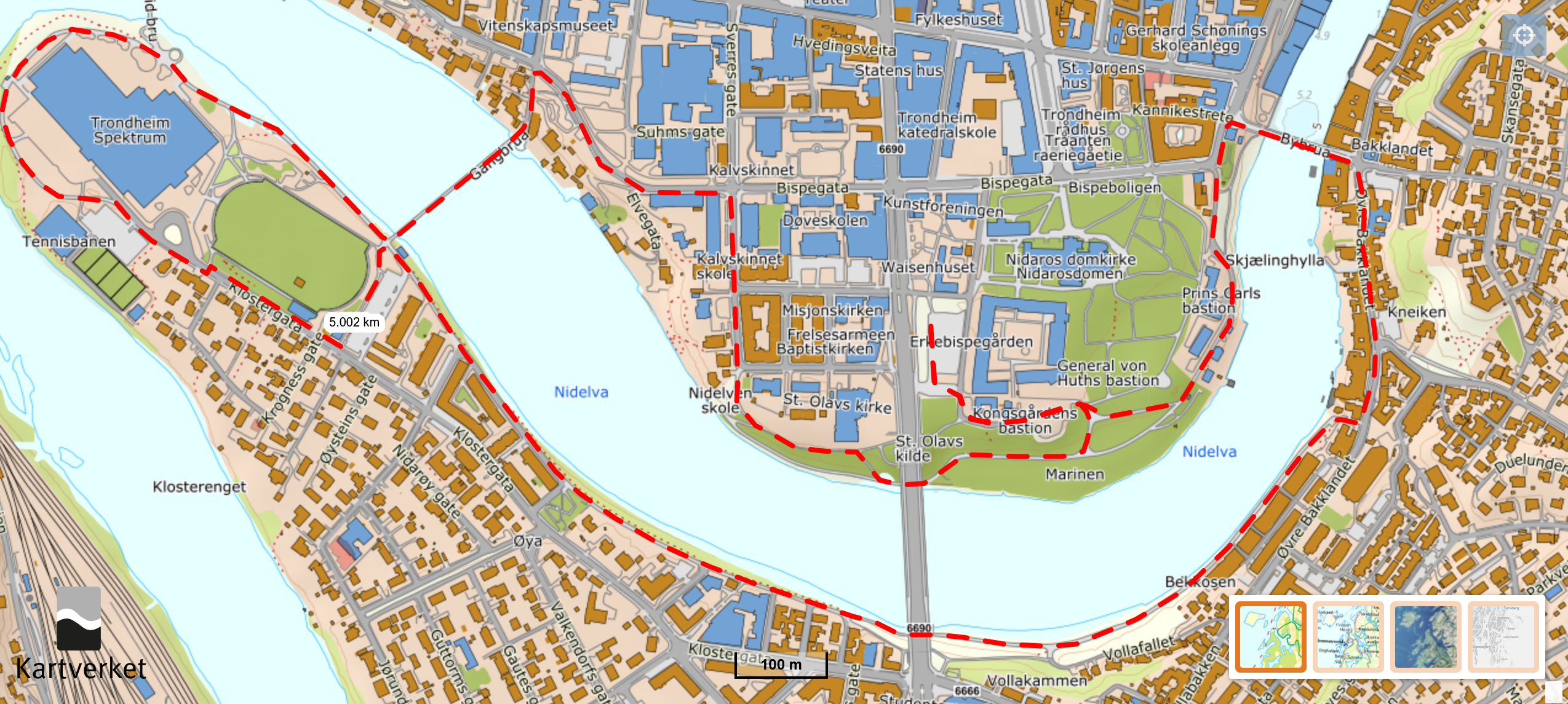 Map showing the 5k fun run route along Nidelva river