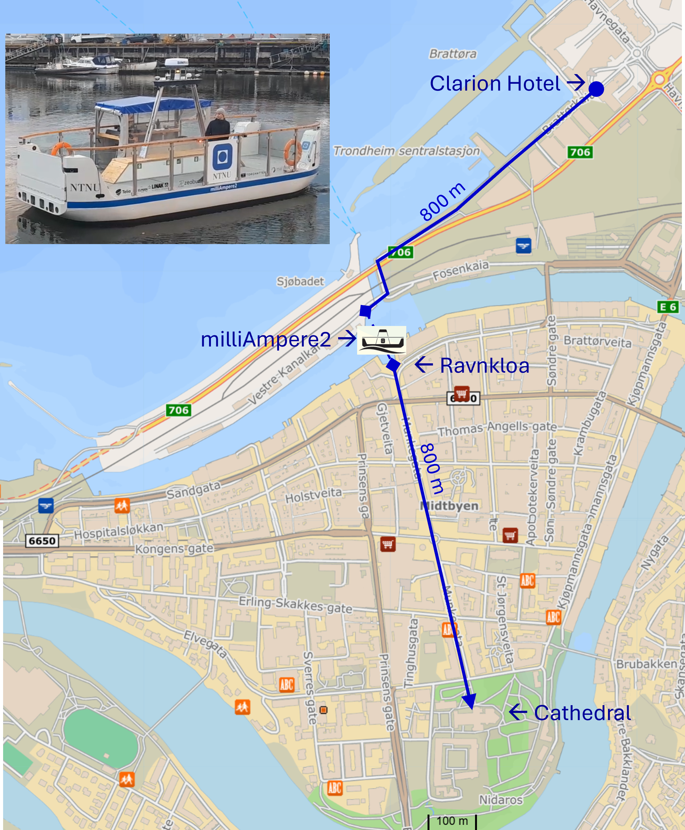 Map showing the route utilizing the mini-ferry