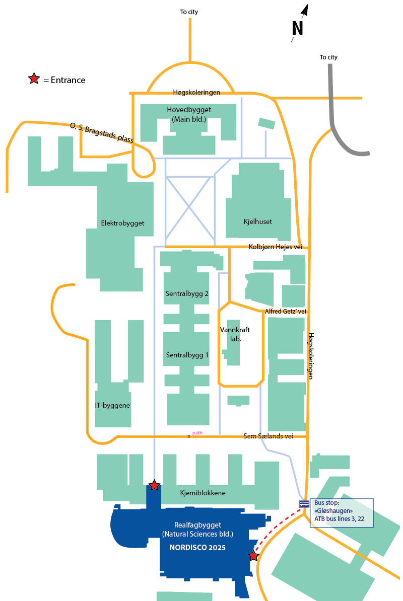 Map over Gløshaugen Campus showing the Nordisco 2025 venue Realfagbygget in the south end of campus. The closest bus stop is Gløshaugen, served by AtB lines 3 and 22.