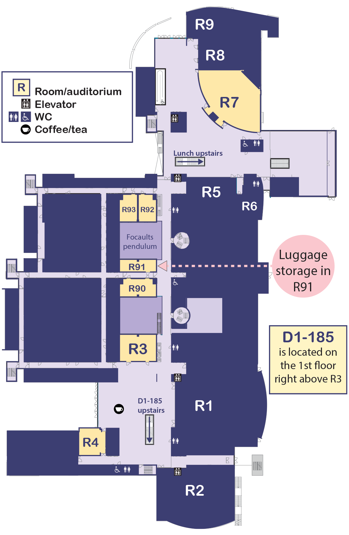 Floorplan of Realfagbygget floor U1. Room D1-185 is located on the first floor. All other rooms are on floor U1.