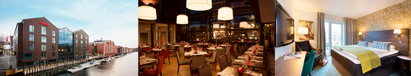 Photos of Scandic Bakklandet exterior and interior, showing a comfortable riverside hotel.