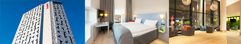 photos of Scandic Lerkendal exterior and interior, showing a modern highrise hotel.