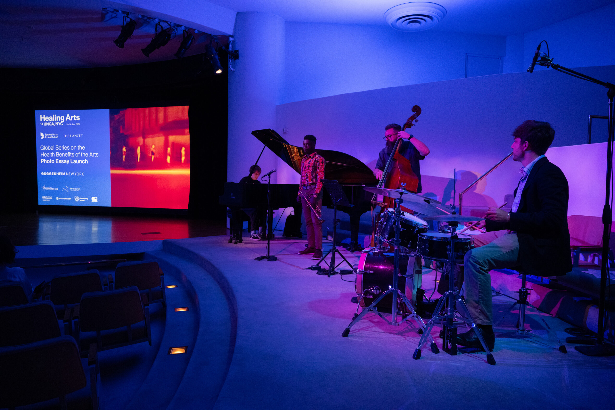 A band on stage, UNGA Healing Arts Week 2025. Photo: Filip Wolak.