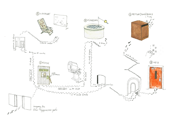 Drawing of a treasure hunt map with locations in Olavskvartalet