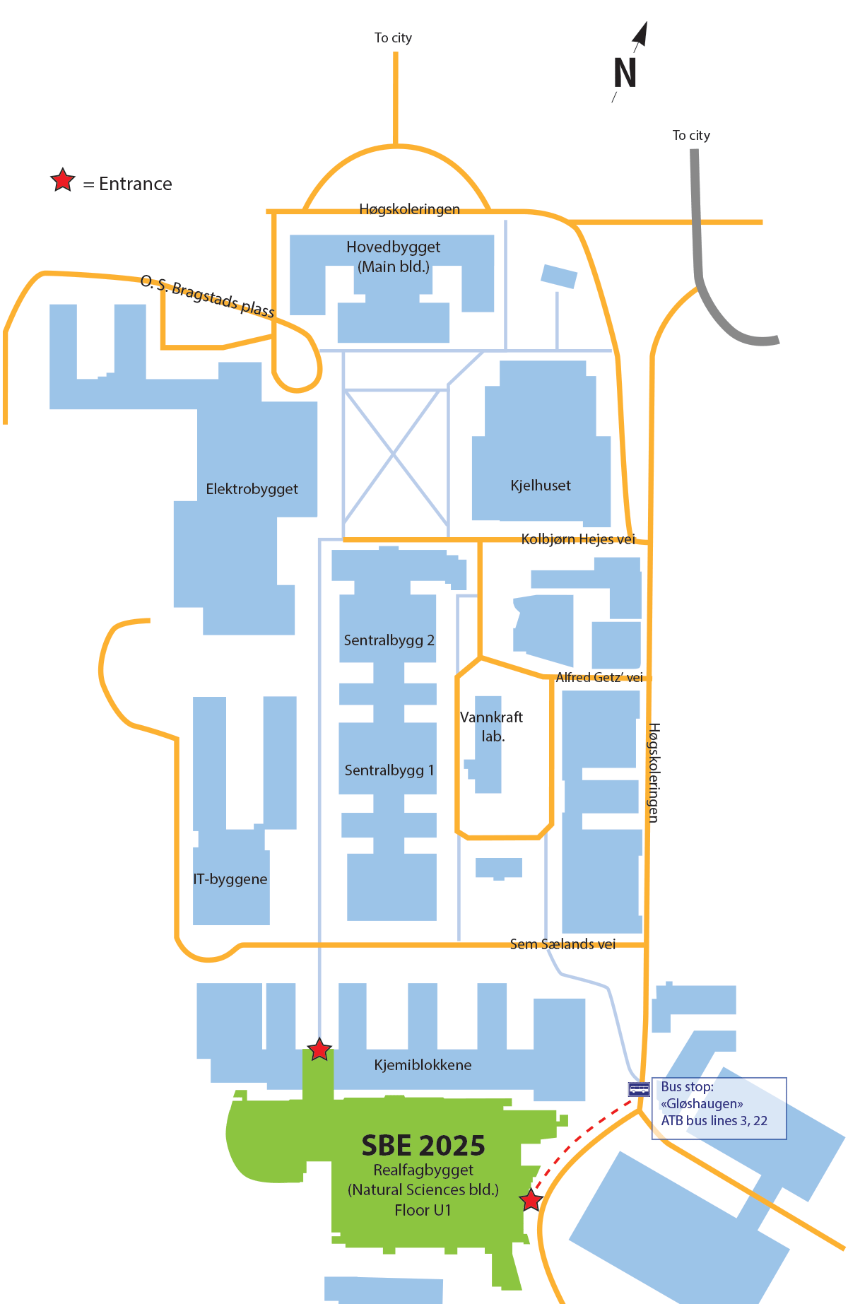 map over Gløshaugen campus showing the conference venue, Realfagbygget, at the south end of campus