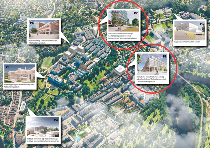 map showing ongoing and future building projects on NTNU campus Gløshaugen