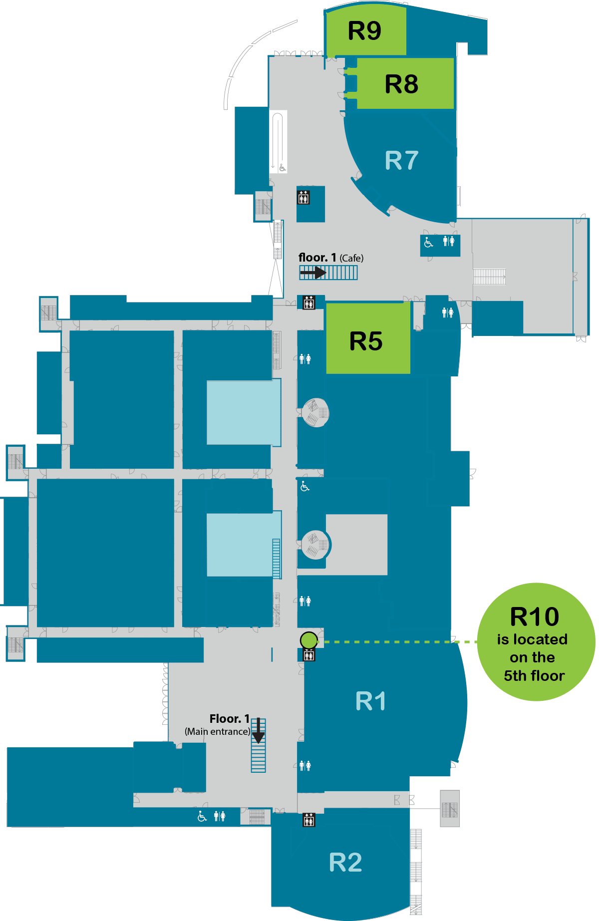 Floorplan showing the conference rooms R5, R8 and R9 on floor U1 and room R10 on the 5th floor.