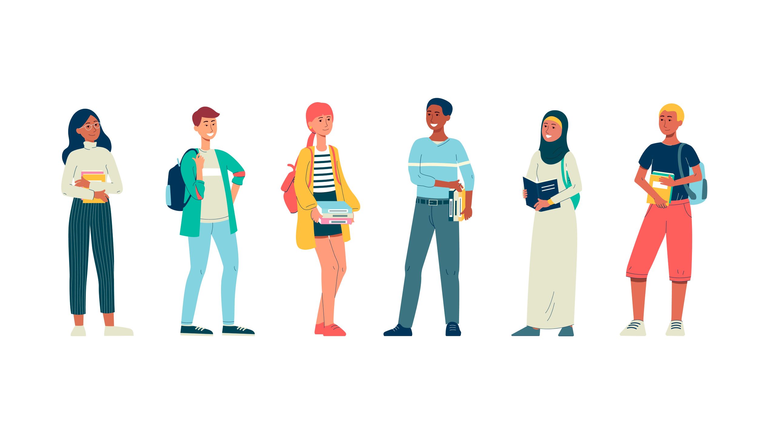 Six young students of different genders and nationalities