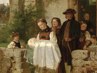 A painting from Hubert Salentin, a newly baptised baby is carried out of a church