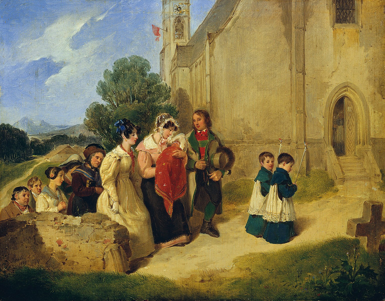 Painting by Fendi of a child outside a church carried in the mothers arm, family gathered around