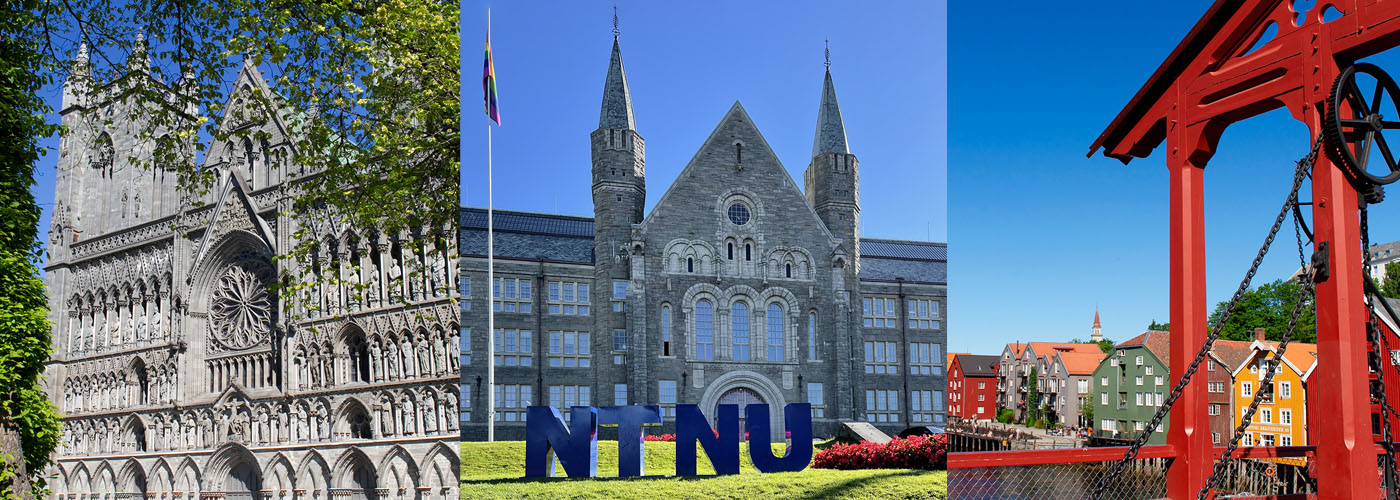 photos showing Nidaros Cathedral, Main building at NTNU Campus Gløshaugen and a view from the Old Town Bridge