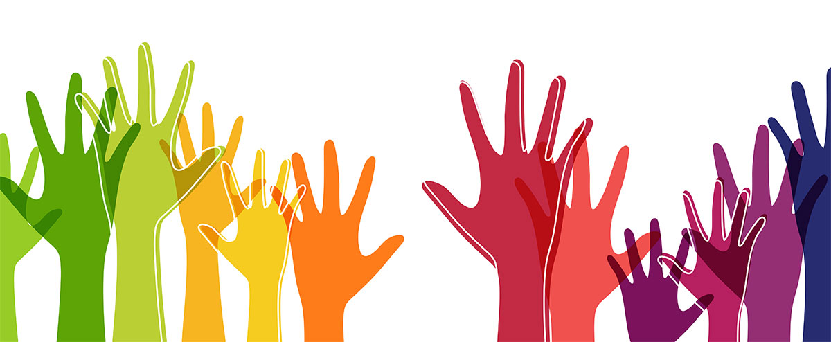 Illustration of hands reaching up in different colours: Green, yellow, orange, red, purple, blue.