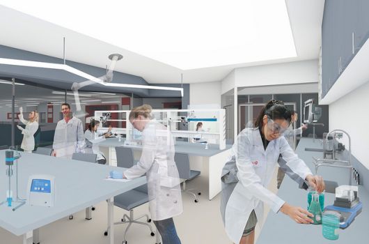 A combined drawing and photo of researchers working in a laboratory.