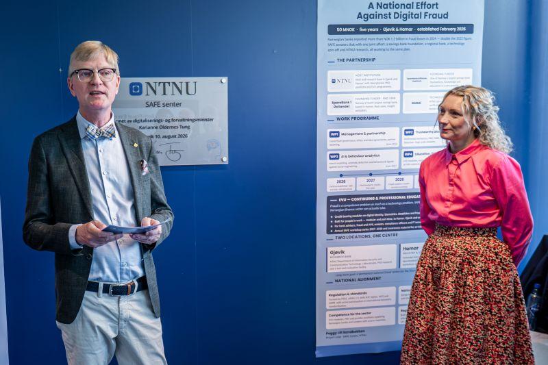 NTNU representative and Minister Karianne Tung beside the SAFE inauguration plaque