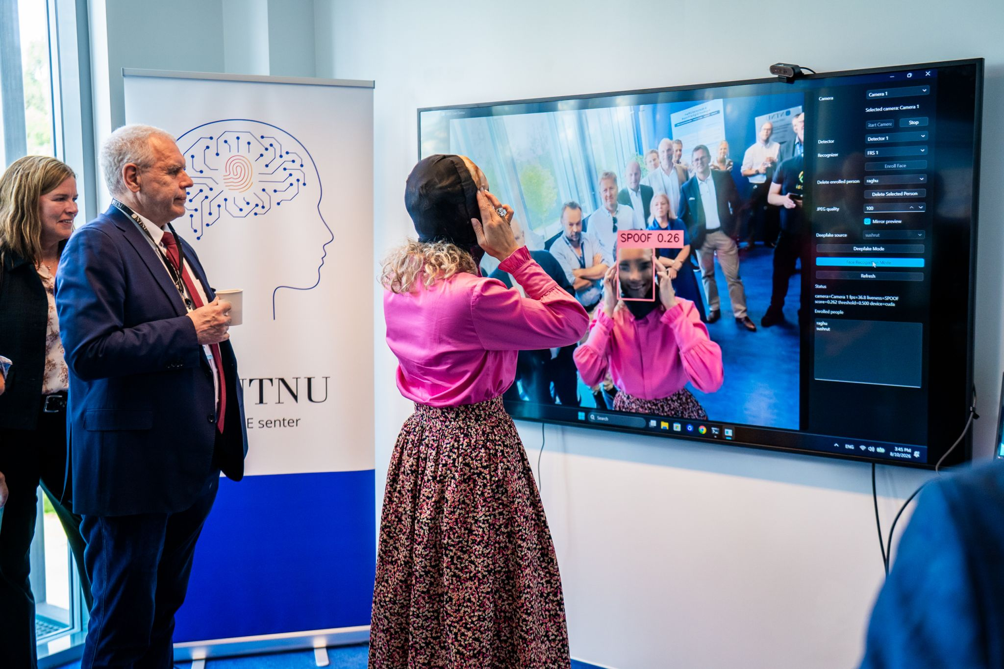 Minister Karianne Tung testing a biometric presentation-attack demonstration at the SAFE Centre inauguration