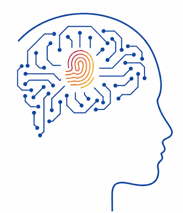 Illustration of a human profile with a fingerprint and digital circuit pattern