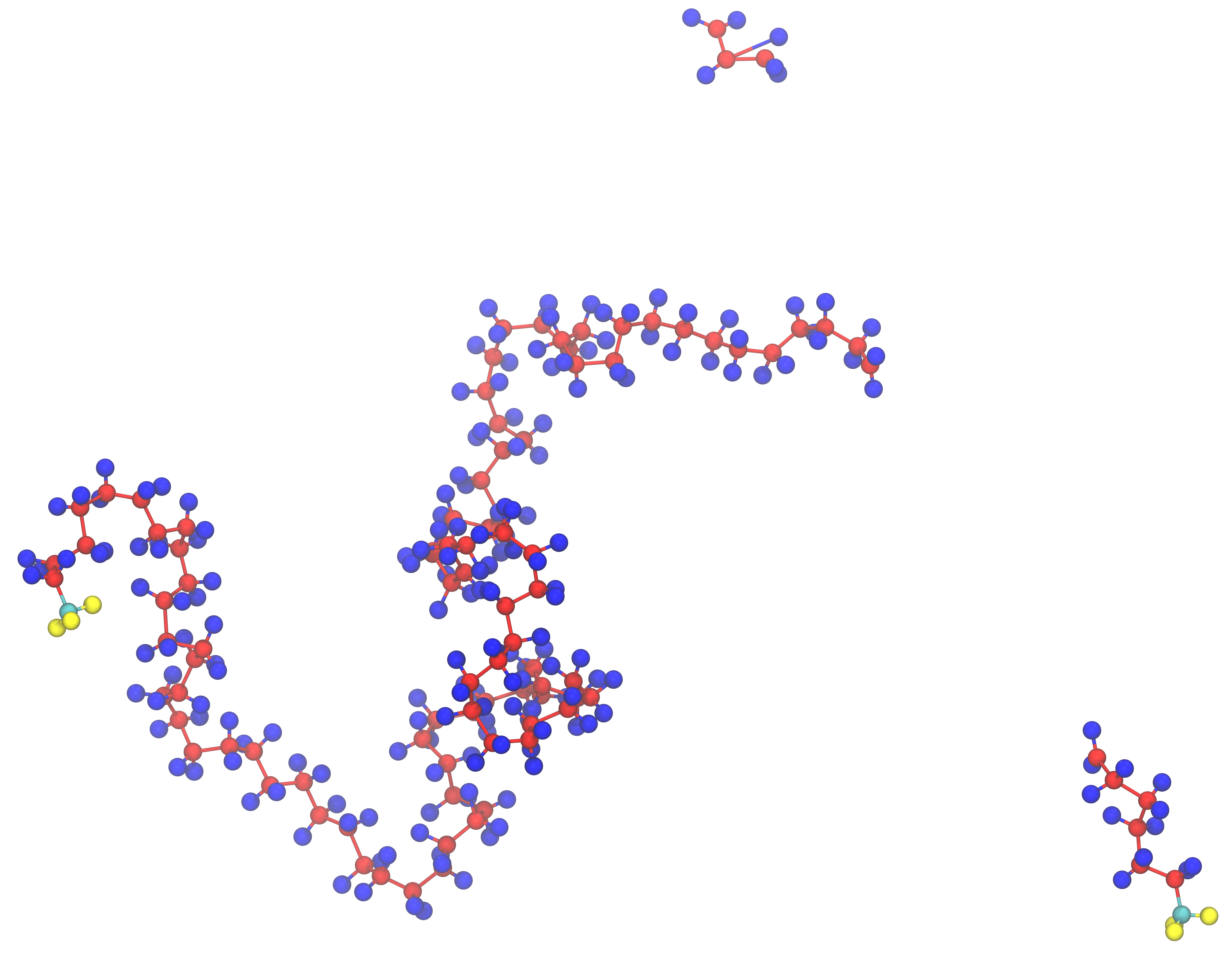 Illustration showing one of the first break-ups in a polyethylene (PE) molecule modelled Molecular Dynamic Simulations (here LAMMPS). This type of simulation builds the base of the work in the HighRec project.