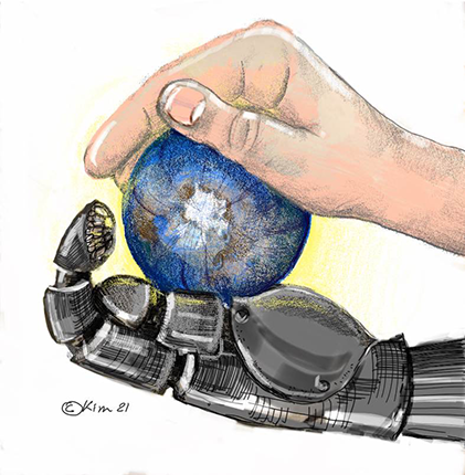 human hand and artificial hand holding the earth, illustration