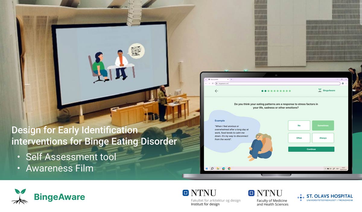 Photo from a conference hall, with added logos of the partners and the text "Design for Early Identification intervention for Binge Eating Disorder: Binge Aware: - Self Assessment Tool and Binge aware -Awareness Film" 