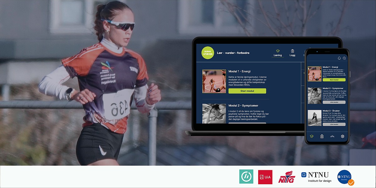 Photo of running female athlete and screen shot of the sunn utøver app
