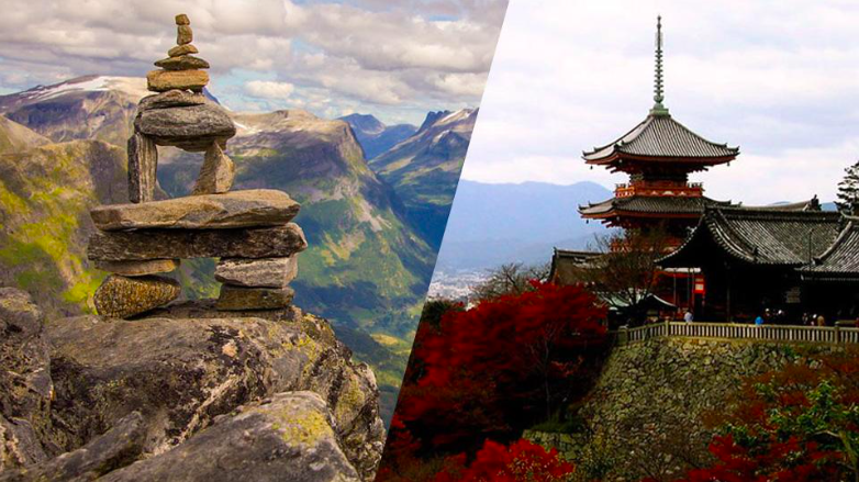 side by side images of a rock stack formation in Norway and a temple in Japan