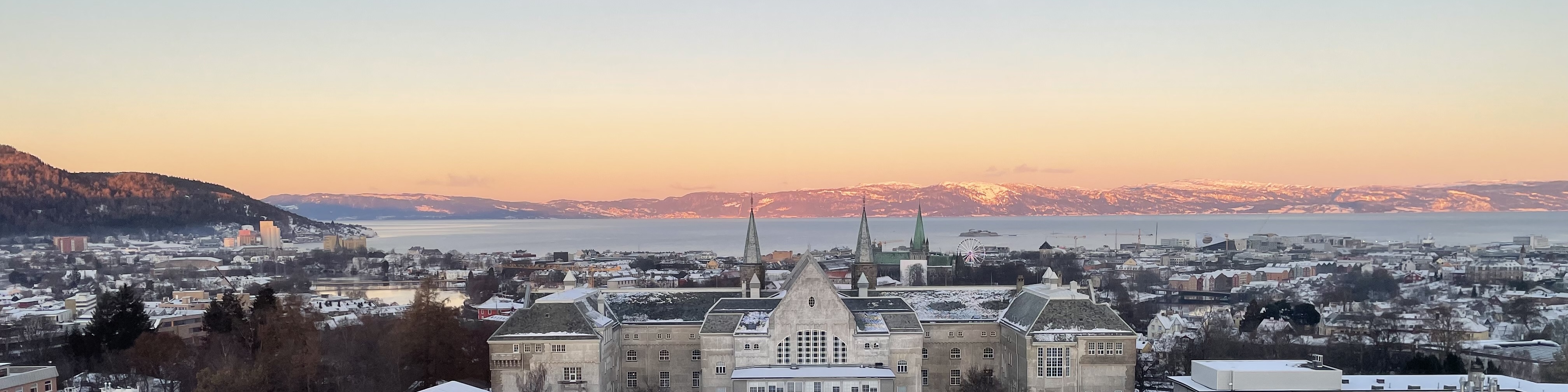 Banner of the Workshop on Foundations of Numerical Differential Geometry, the winter view from the Lunch room of the math department over Trondheim including the Fjord