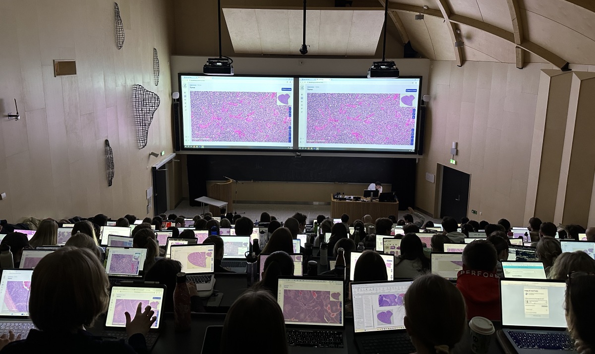 Students in auditorium using Learnpathology on computers.