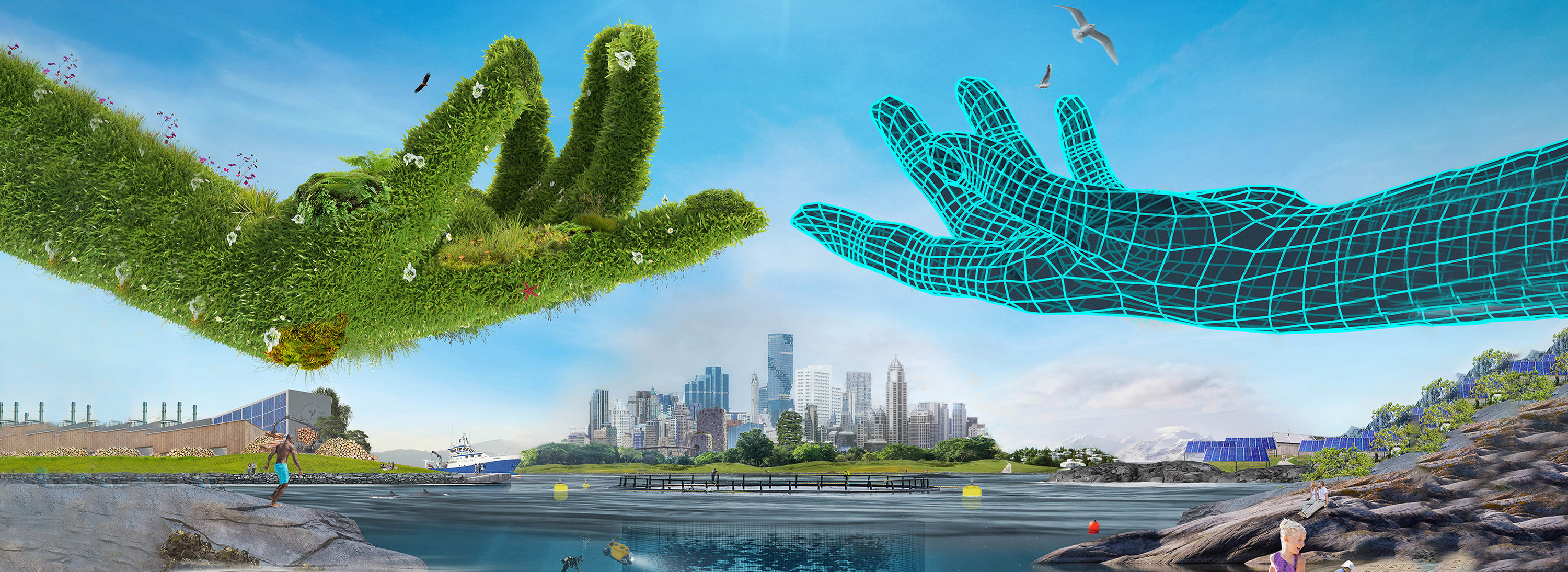 One digital hand meeting a green plant hand with many figures around. Illustration