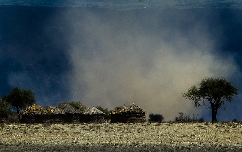 Masai village in bad weather. Photo