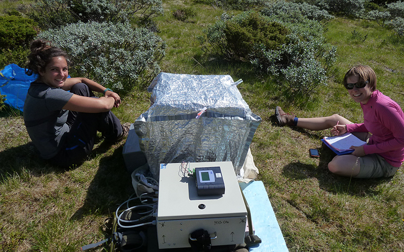 Bee and Rozalia during CO2 flux dark measurement in the meadow. Photo