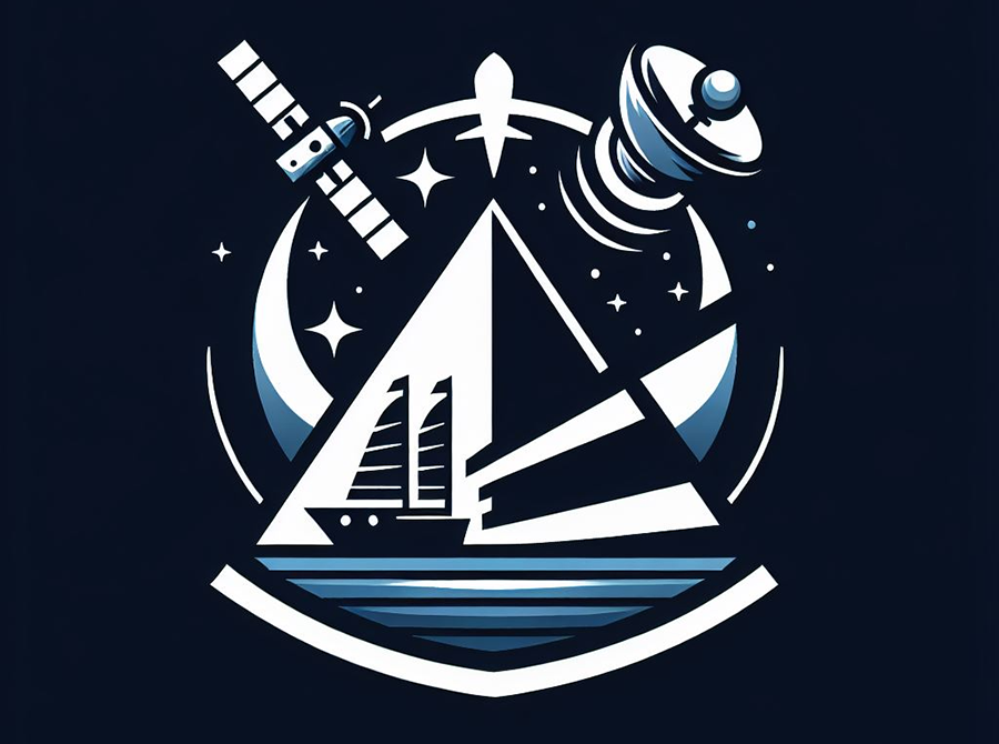 Illustration with space objects and a boat on water