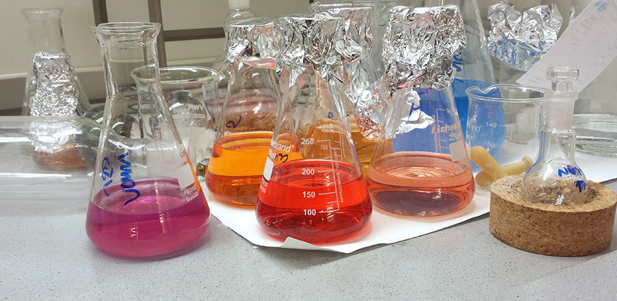 Flasks with many colors in the lab. Photo