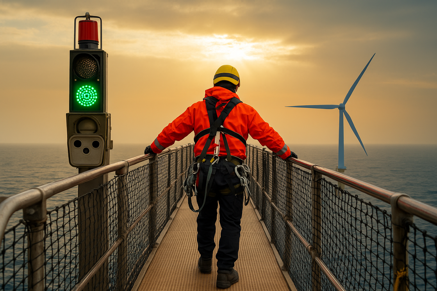 Picture of a man working offshore looking at a wind mill
