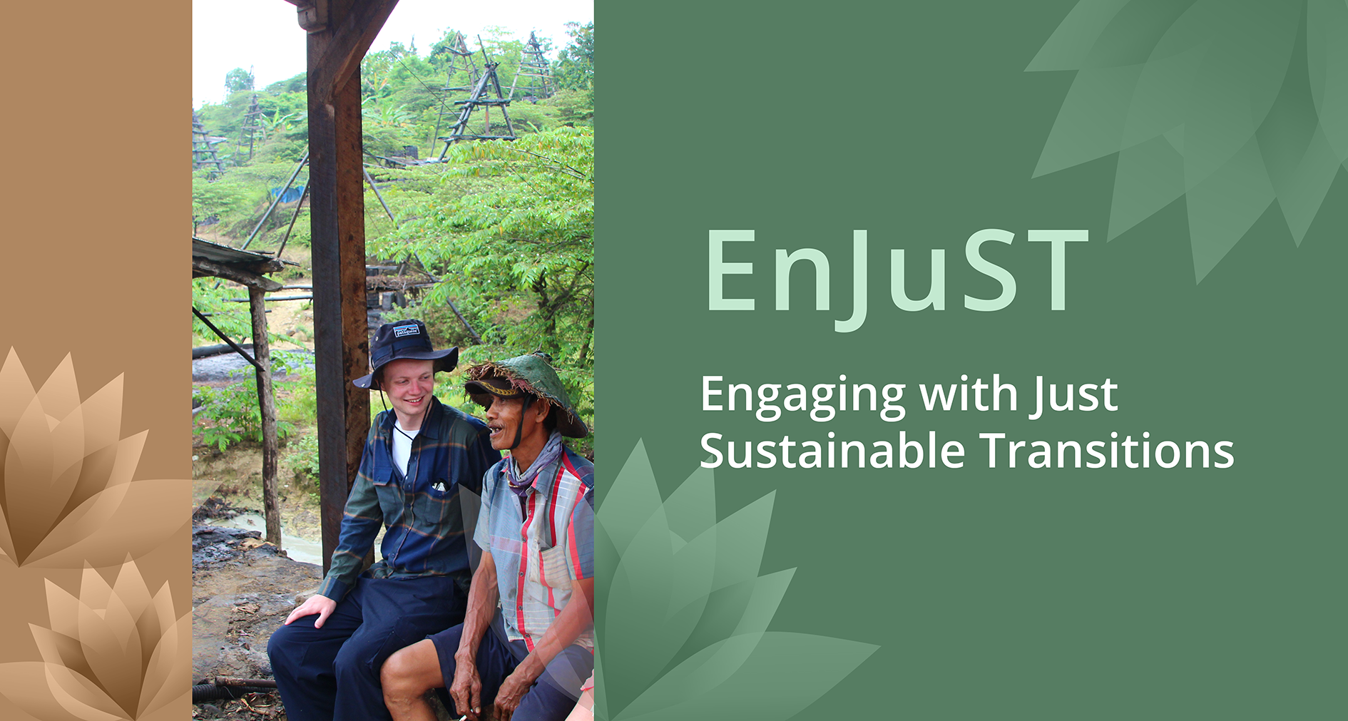 Picture of a Norwegian student talking to a Indonesian man at a oil field in Indonesia