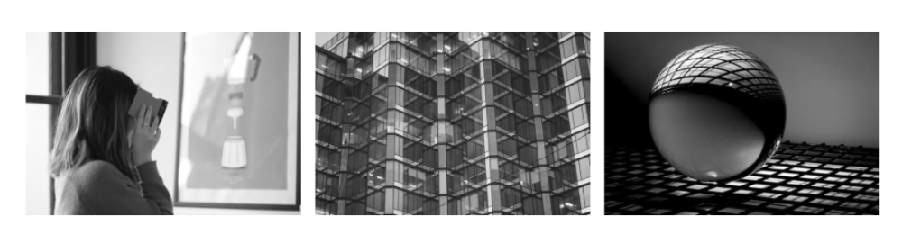 Collage with person with VR equipment, tall glass building, globe on top of a keyboard. Photos