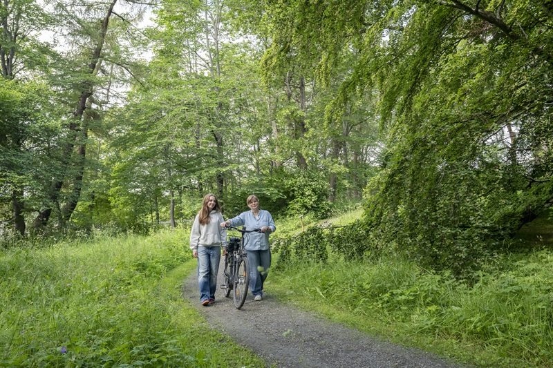 Two women on a gravel path, one pushing a bicycle, with tall deciduous trees on either side.