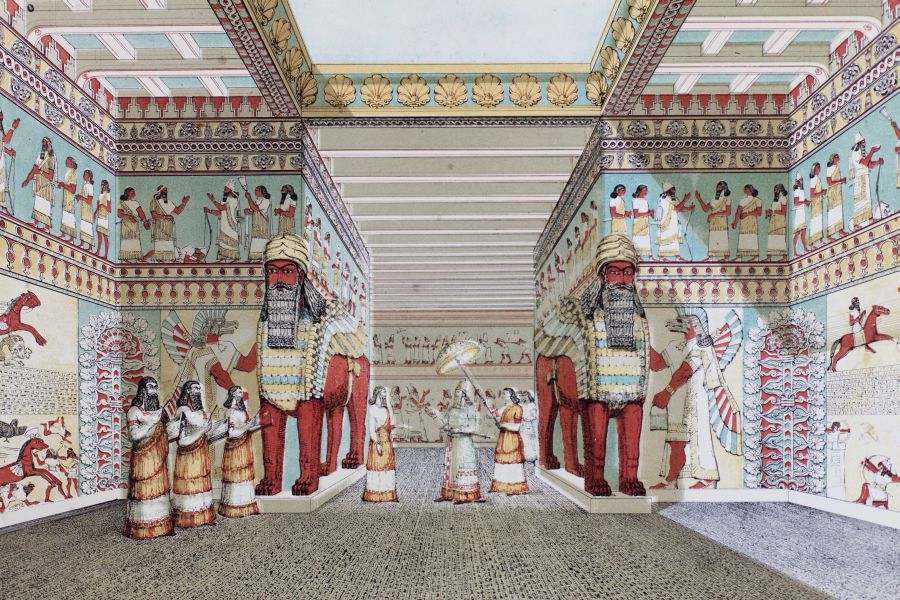 Drawing: reconstruction of the interior of a palace in Nimroud